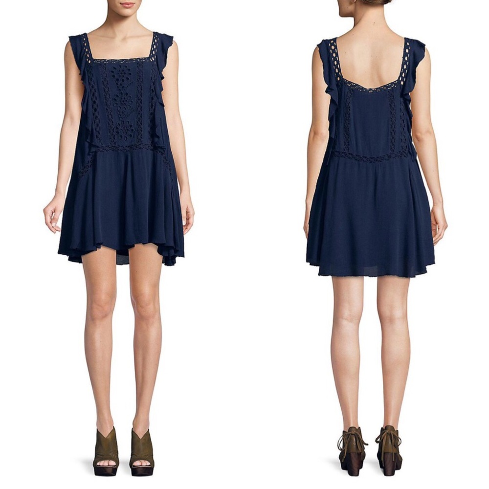 Free People Priscilla Eyelet Ruffle-trim Dress in Navy Blue